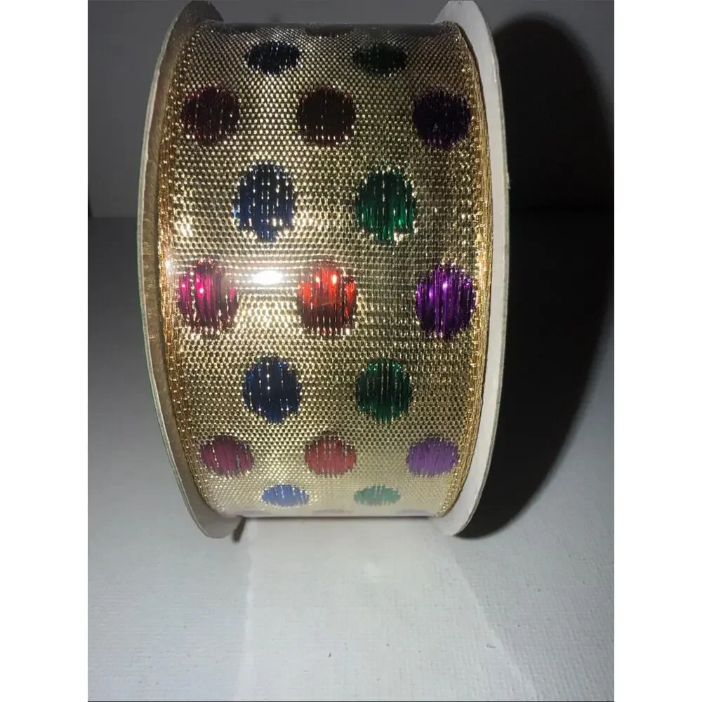 Ribbon Bow-tique Wired-Edge Gold Ribbon with Multicolor Metallic Dots